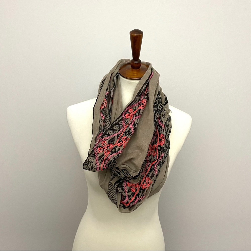 Infinity Scarf Embroidered Raw Hem Aztec Geometric Pink Coral Black Taupe Beige